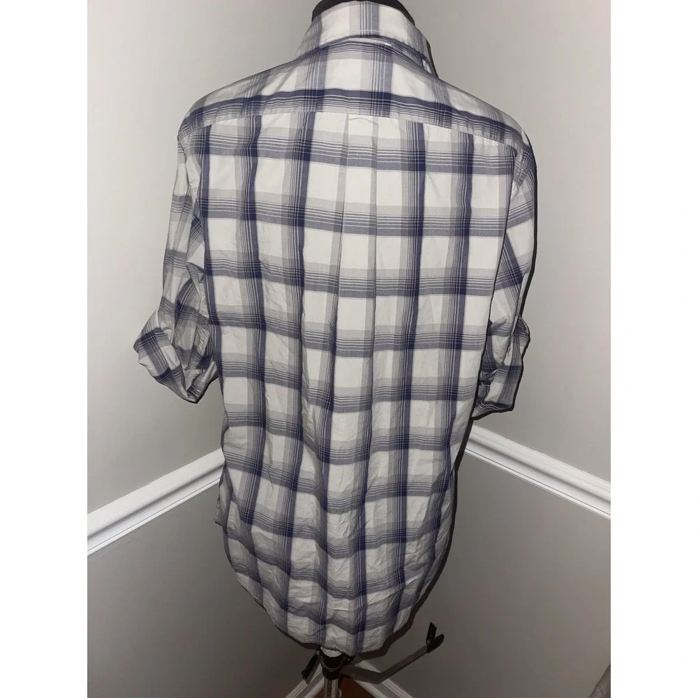 Banana Republic Mens Plaid‎ Shirt Gray Purple Roll Tab Sleeve Mens M